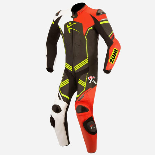 LEATHER 1 PIECE RACE SUIT - BLACK / WHITE / RED - Zoni Sports