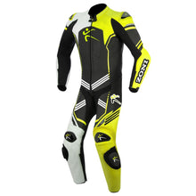 Load image into Gallery viewer, LEATHER 1 PIECE RACE SUIT - YELLOW/ WHITE / RED - Zoni Sports
